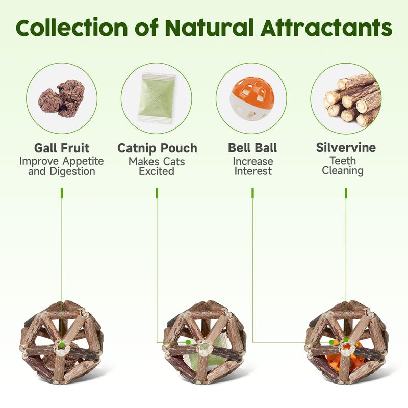 Potaroma ألعاب بطرومة للقطط، 3 قطع ألعاب طبيعية من عصا الفضة وكرة الجرس للقطط الداخلية، لعبة مضغ للقطط لتنظيف الأسنان لجميع السلالات - Image 2