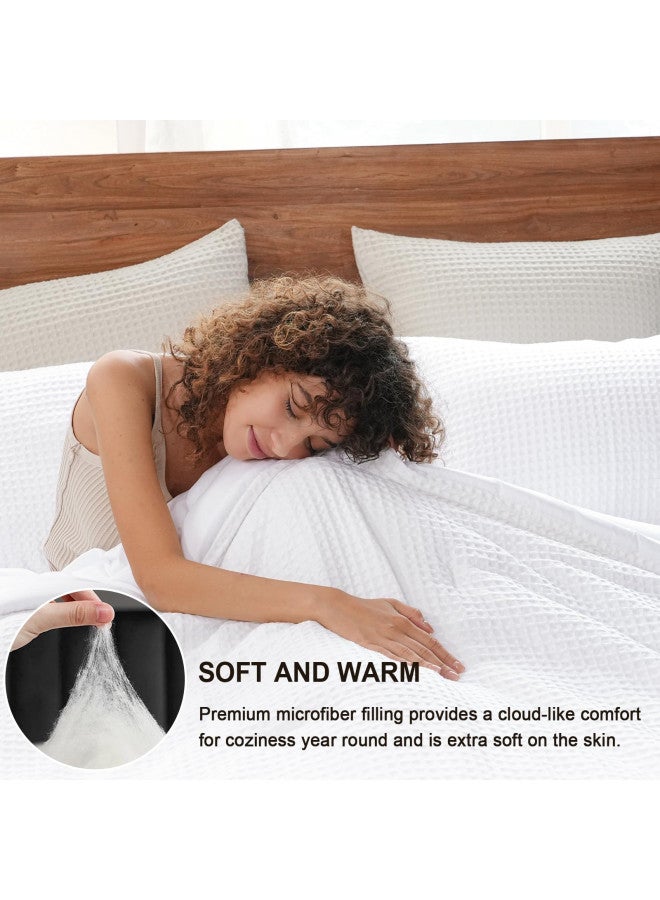 PHF PHF 3 Pieces Waffle Weave Comforter Set Queen Size, Lightweight Breathable Comfy Bedding Set for All Season, Ultra Soft Textured Comforter Set with 2 Pillow Shams, White  - Image 1