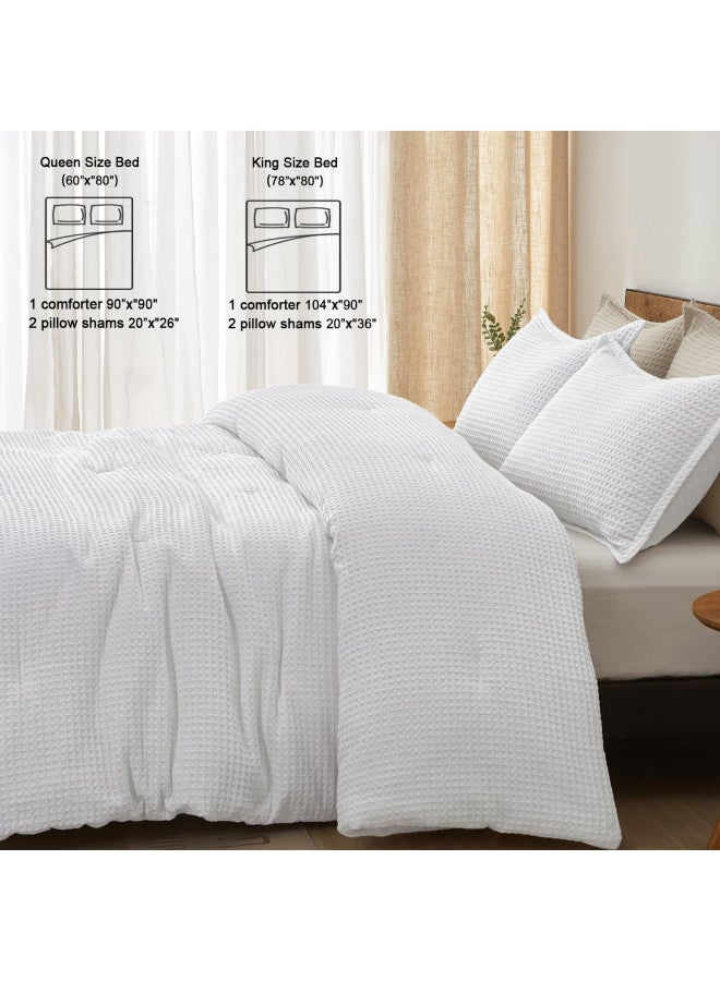 PHF PHF 3 Pieces Waffle Weave Comforter Set Queen Size, Lightweight Breathable Comfy Bedding Set for All Season, Ultra Soft Textured Comforter Set with 2 Pillow Shams, White  - Image 3