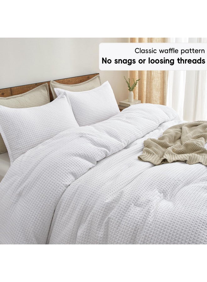 PHF PHF 3 Pieces Waffle Weave Comforter Set Queen Size, Lightweight Breathable Comfy Bedding Set for All Season, Ultra Soft Textured Comforter Set with 2 Pillow Shams, White  - Image 2