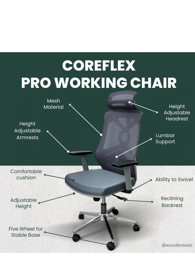 Wooden Twist CoreFlex Pro Ergonomic Mesh Office Chair with Lumbar Support, 360° Swivel, Reclining High Back (Grey)  - Image 2