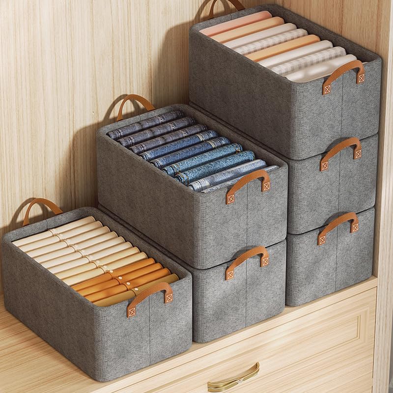 CLAPONE 10 Piece Set of Woven Fabric Wardrobe Organizer for ClothesFoldable Cupboard Storage BoxesRectangular Almirah Organizers for ShirtsPantsTShirtsJeansDressSweatersGrey - Image 1