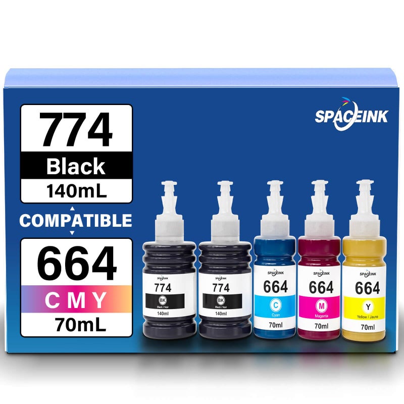 Spaceink 774 664 Ink Refill Bottles for ET-2650 ET-2550 ET-3600 ET-4500 ET-4550 ET-16500 ET-2500 ET-2600 ET-14000 Printers (2 Black Cyan Magenta Yellow 5 Pack) - Image 1