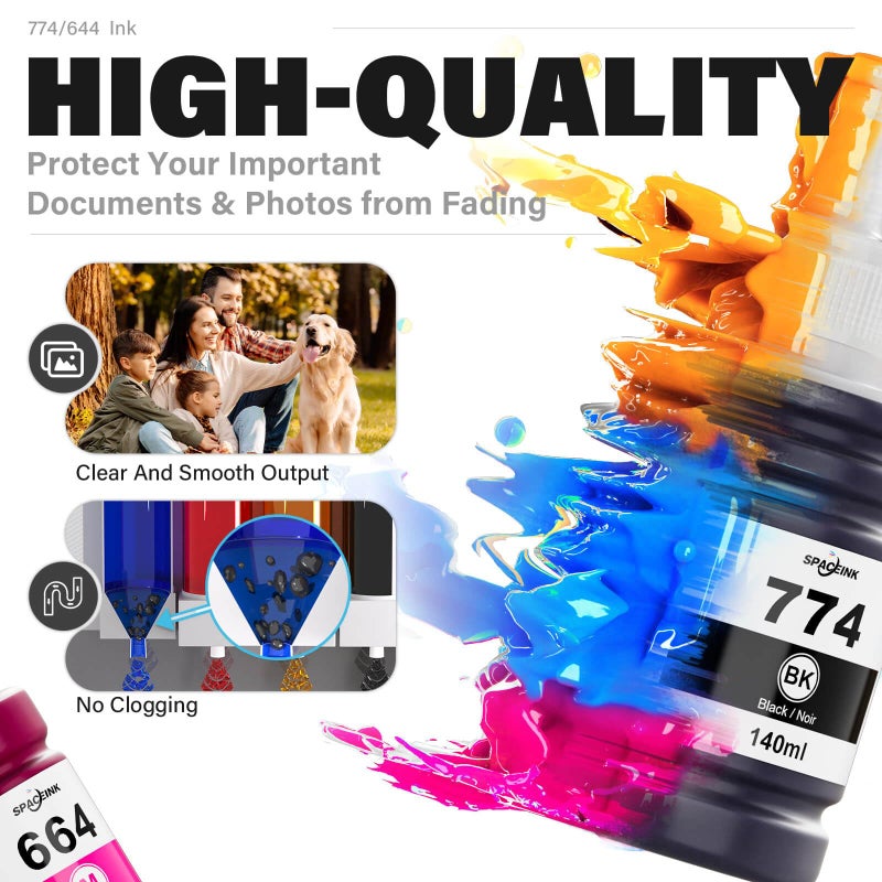 Spaceink 774 664 Ink Refill Bottles for ET-2650 ET-2550 ET-3600 ET-4500 ET-4550 ET-16500 ET-2500 ET-2600 ET-14000 Printers (2 Black Cyan Magenta Yellow 5 Pack) - Image 5