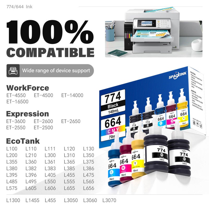 Spaceink 774 664 Ink Refill Bottles for ET-2650 ET-2550 ET-3600 ET-4500 ET-4550 ET-16500 ET-2500 ET-2600 ET-14000 Printers (2 Black Cyan Magenta Yellow 5 Pack) - Image 2