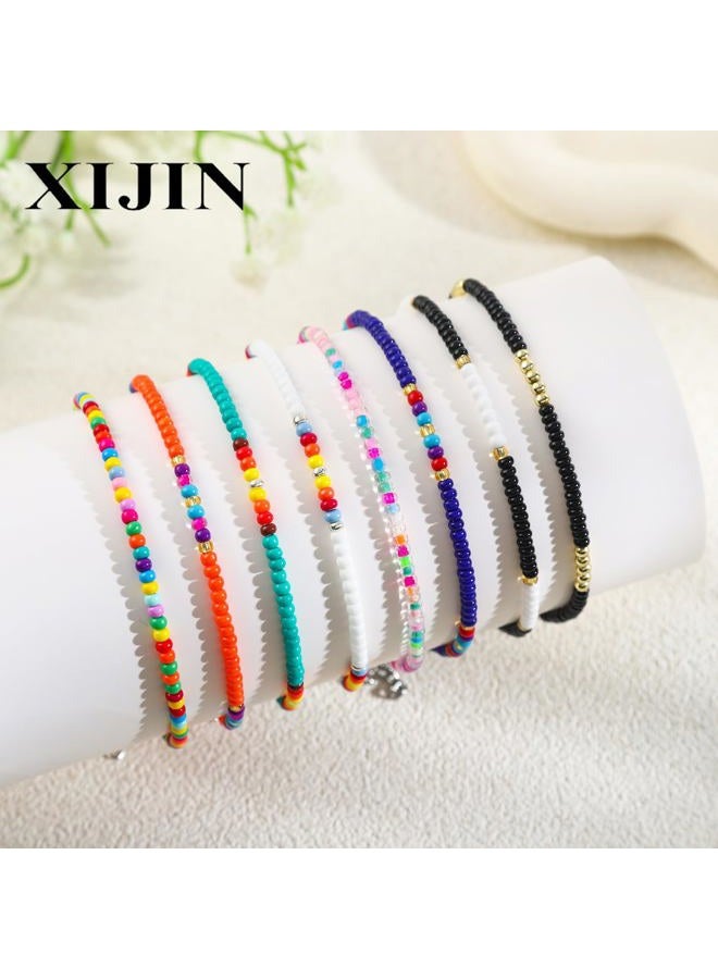 XIJIN 8Pcs Handmade Beaded Anklets for Women Boho Colorful Beads Ankle Bracelets Adjustable Foot Anklet Set - Image 4