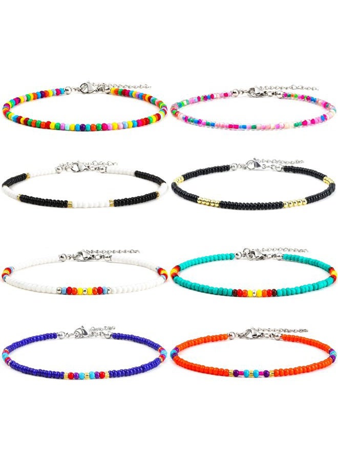 XIJIN 8Pcs Handmade Beaded Anklets for Women Boho Colorful Beads Ankle Bracelets Adjustable Foot Anklet Set - Image 1