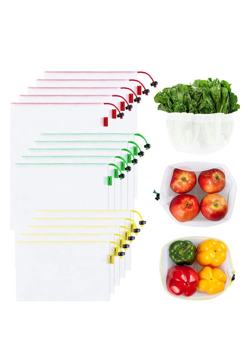 Fruit Mesh Bags Set of 15 Reusable Produce Lightweight Washable Storage For Fruits Vegetables Toys Groceries Kitchen And Home Organize with Colorful Tare Weight Tags 3 Sizes - Image 1