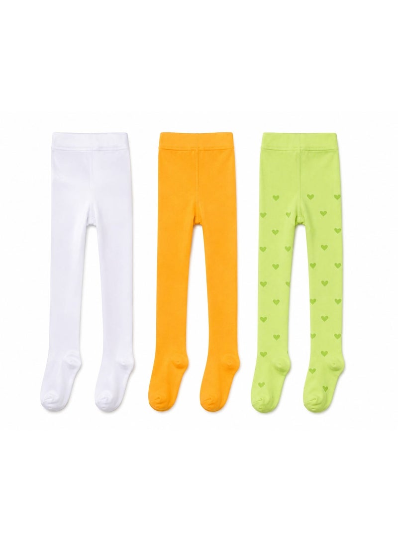 -Piece Girls Patterned Footed Tights Set –  Nylon White, Orange & Green | Soft Stretch