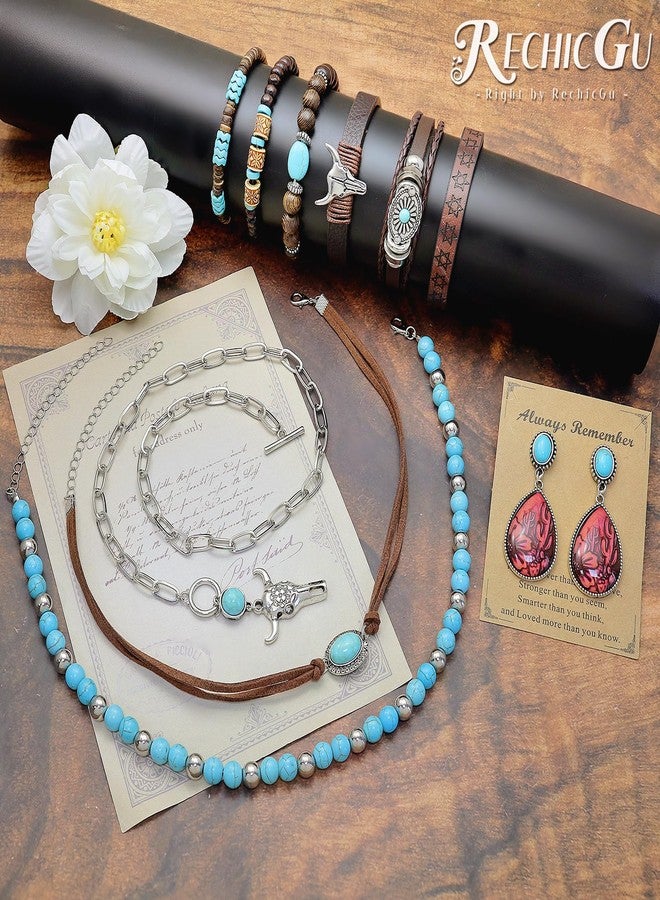RechicGu Western Jewelry For Women Bohemian Turquoise Dangle Earrings Necklace Bracelet Set, Bullhead Pendant Layered Choker Boho Faux Leather Wristband Country Concert Cowgirl Accessories, Metal, No - Image 5
