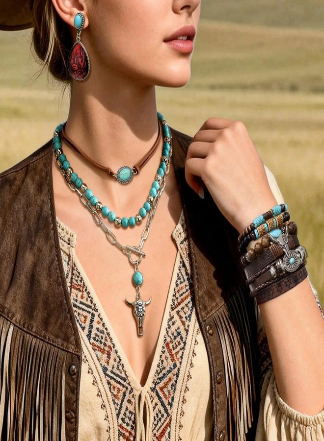 RechicGu Western Jewelry For Women Bohemian Turquoise Dangle Earrings Necklace Bracelet Set, Bullhead Pendant Layered Choker Boho Faux Leather Wristband Country Concert Cowgirl Accessories, Metal, No - Image 4