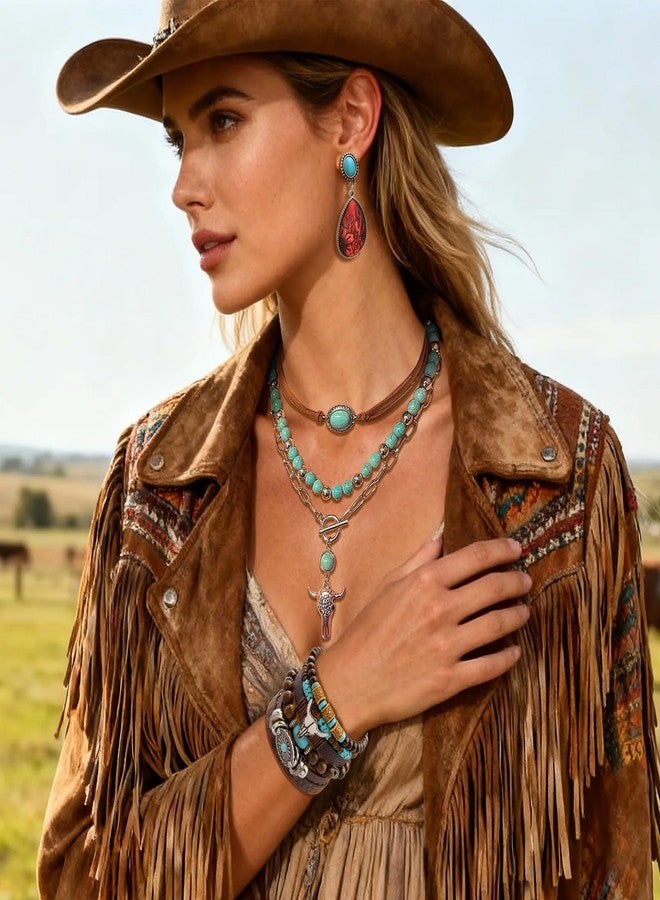 RechicGu Western Jewelry For Women Bohemian Turquoise Dangle Earrings Necklace Bracelet Set, Bullhead Pendant Layered Choker Boho Faux Leather Wristband Country Concert Cowgirl Accessories, Metal, No - Image 2