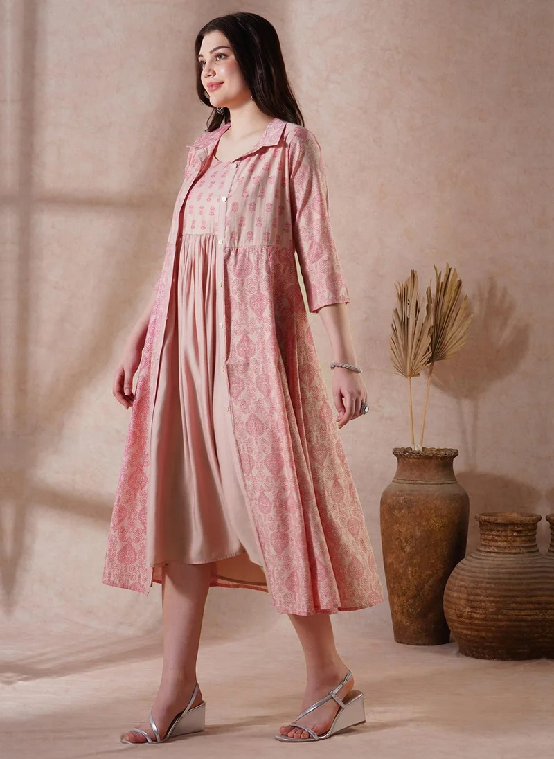 globus Globus Women Peach Strappy Shoulder Gathered A-Line Midi Ethnic Dress with Shirt Style Printed Shrug