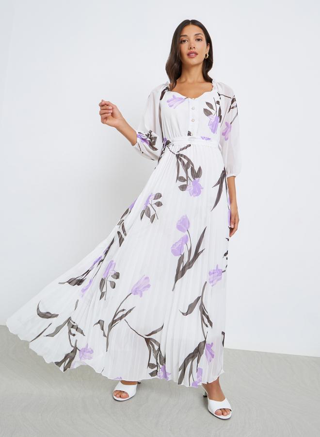 Women Floral Print Chiffon Pleated Maxi Dress