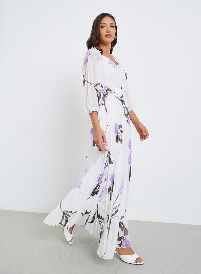 ستايلي فستان طويل شيفون بطيات وطبعة زهور - Image 3