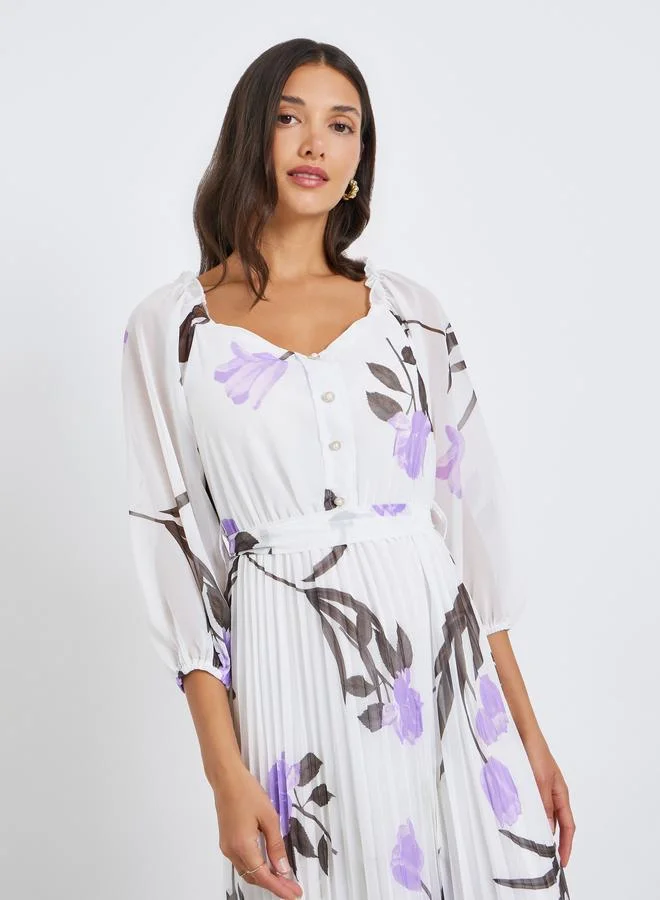 Styli Women Floral Print Chiffon Pleated Maxi Dress