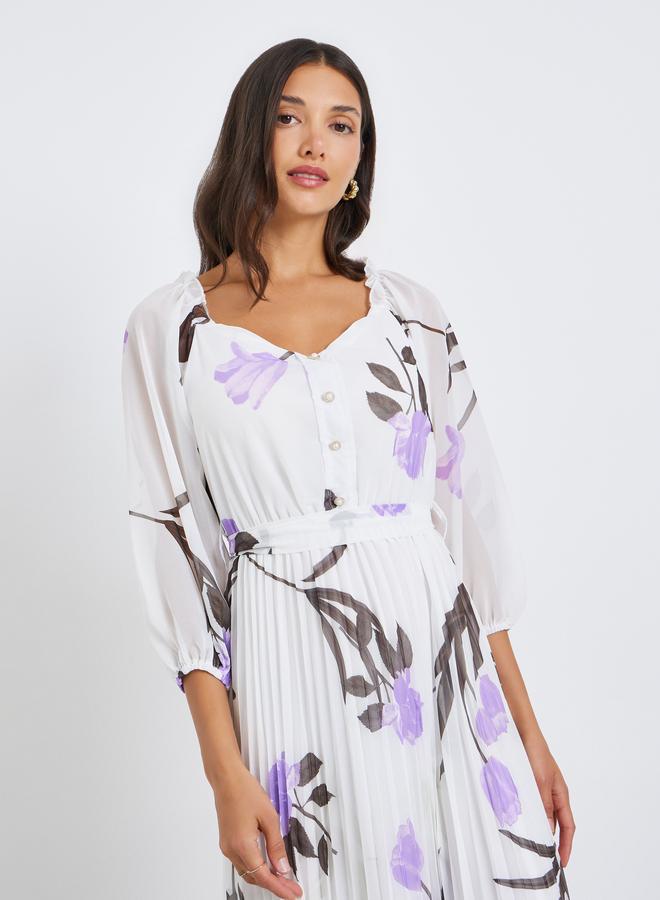 ستايلي فستان طويل شيفون بطيات وطبعة زهور - Image 2