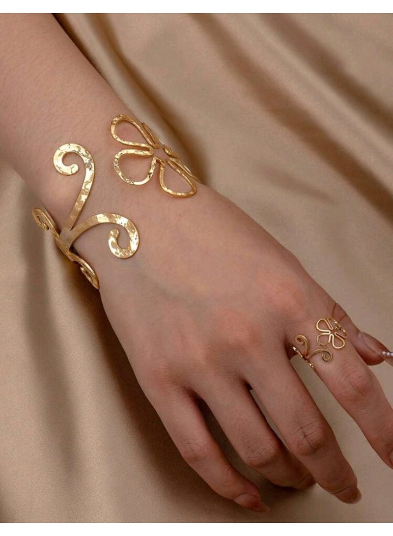 Shein 1 Set Of Elegant Geometric Floral Pattern Adjustable Opening Bracelet And Ring Set - Image 1