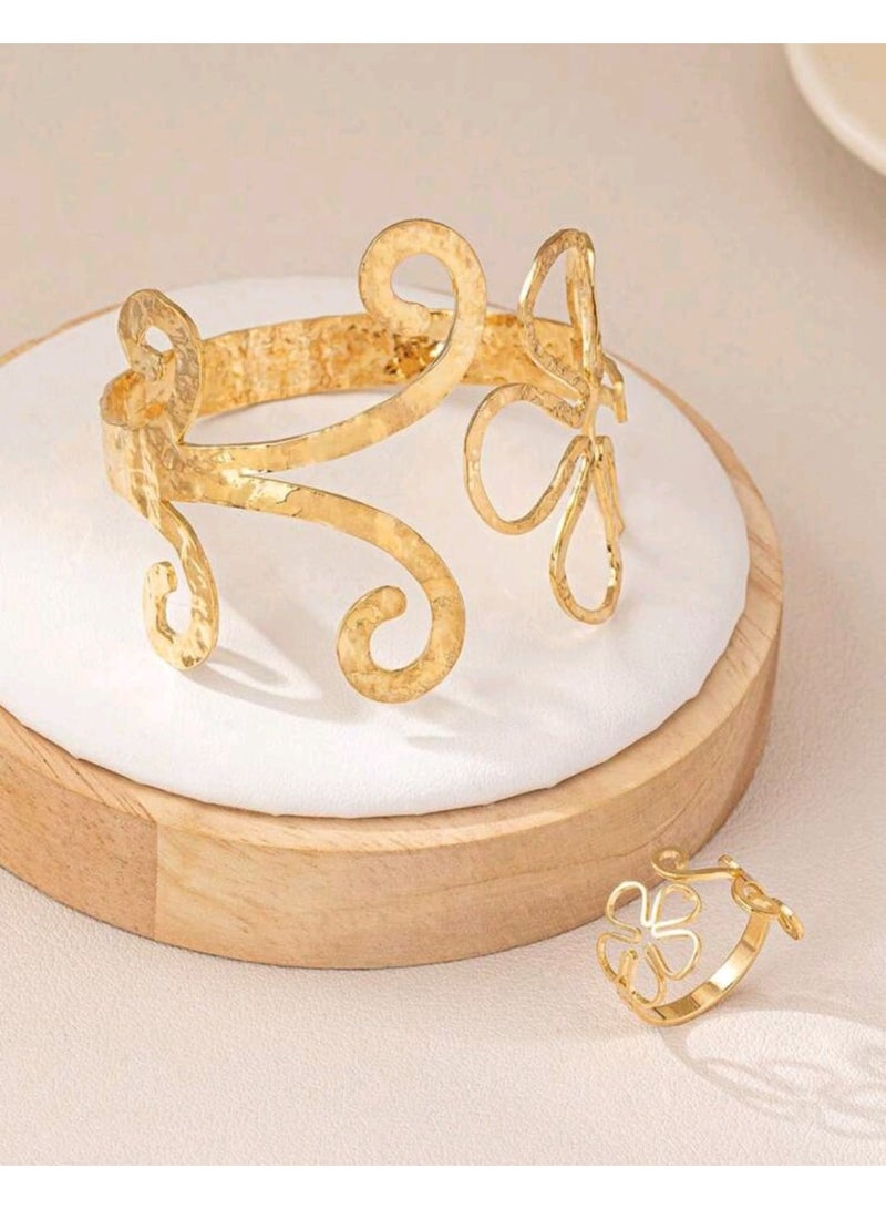 Shein 1 Set Of Elegant Geometric Floral Pattern Adjustable Opening Bracelet And Ring Set - Image 2