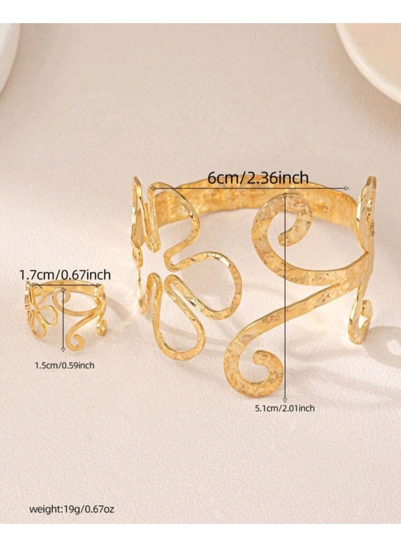 Shein 1 Set Of Elegant Geometric Floral Pattern Adjustable Opening Bracelet And Ring Set - Image 3