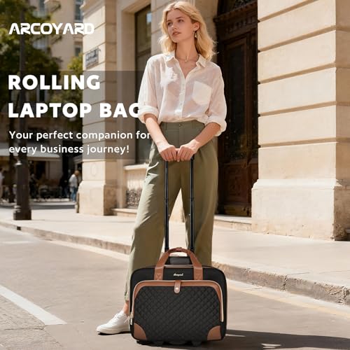 Arcoyard Rolling Laptop Bag, Rolling Briefcase for Women with Waterproof Pocket, 16 Inch Computer Bag, Underseat Carry On Luggage with Wheels for Work Travel Business, Lightweight Black Brown - Image 2