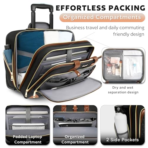Arcoyard Rolling Laptop Bag, Rolling Briefcase for Women with Waterproof Pocket, 16 Inch Computer Bag, Underseat Carry On Luggage with Wheels for Work Travel Business, Lightweight Black Brown - Image 3