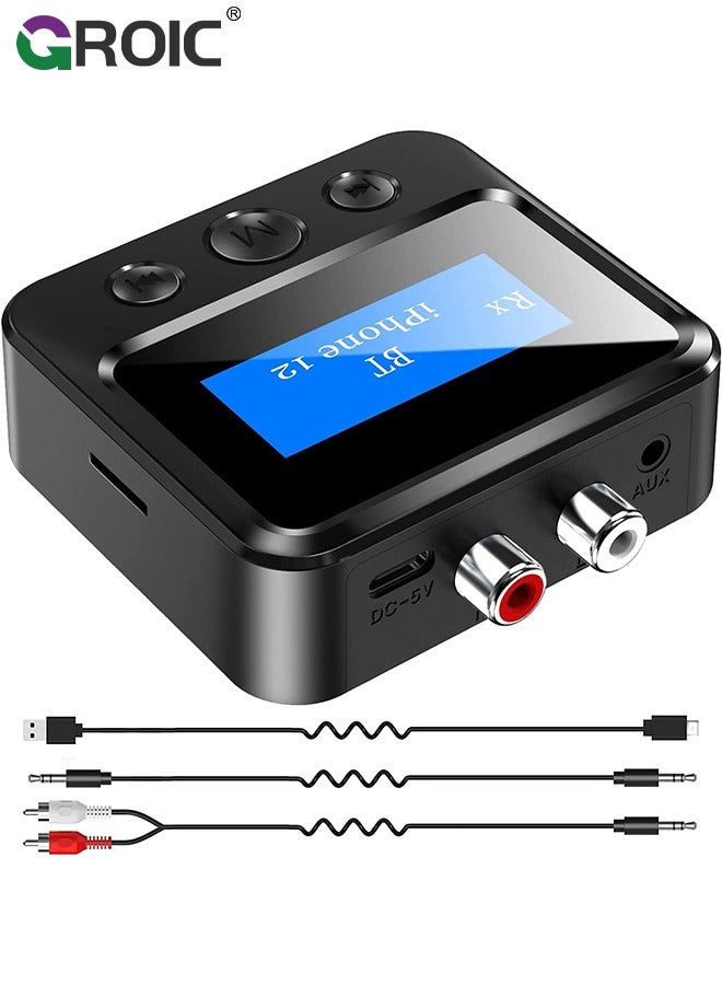 GROIC Bluetooth 5.1 Audio Adapter Transmitter Wireless Receiver Adapter(3.5mm, AUX, RCA, TF), Low Latency Wireless Audio Adapter Bluetooth AUX Adapter for TV PC Car/ Home Stereo System Speakers, LCD Display  - Image 1