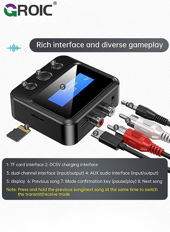 GROIC Bluetooth 5.1 Audio Adapter Transmitter Wireless Receiver Adapter(3.5mm, AUX, RCA, TF), Low Latency Wireless Audio Adapter Bluetooth AUX Adapter for TV PC Car/ Home Stereo System Speakers, LCD Display  - Image 2