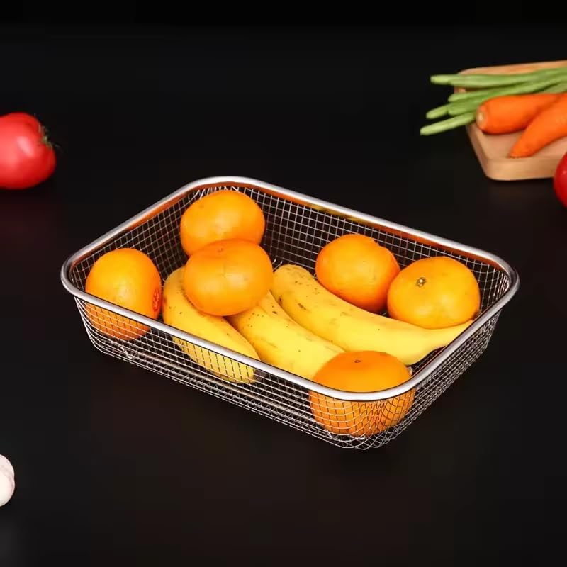 Kruvad Fruit Vegetable Drain Basket with Drip Tray Washing Filter Basket Kitchen Utensil Colander Sink Mesh Protect Silverware Small Air Fry Basket Stainless Steel Washing Filter 295X 22x6 CM - Image 5