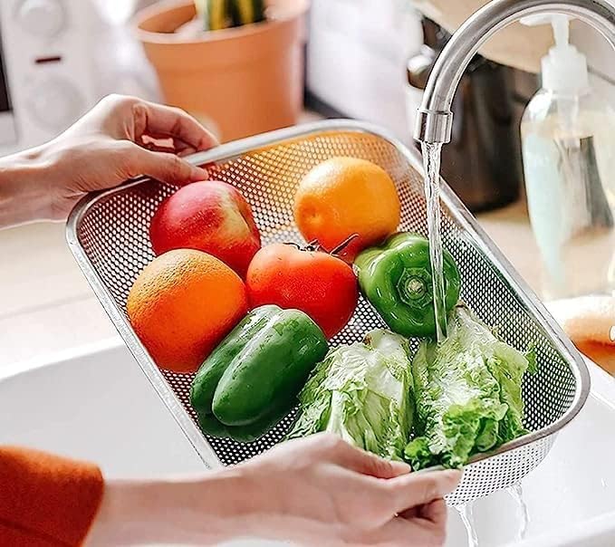 Kruvad Fruit Vegetable Drain Basket with Drip Tray Washing Filter Basket Kitchen Utensil Colander Sink Mesh Protect Silverware Small Air Fry Basket Stainless Steel Washing Filter 295X 22x6 CM - Image 2