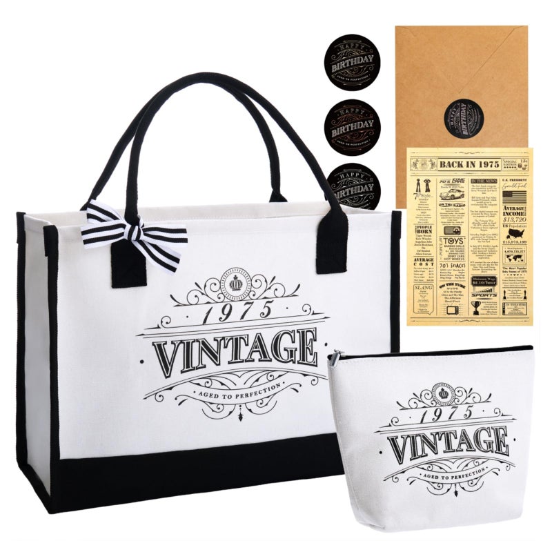 Crisky 50th Birthday Gifts for Women Canvas Tote Bag Vintage 1975 Beach Bag and Cosmetic Bag Gift Card with Envelope  Stickers for WifeSisterMomAuntFriends