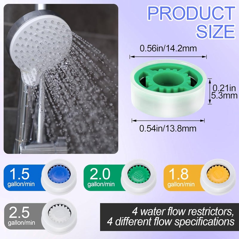 Baiqiya 4pcs Shower Flow Reducer Limiter, GPM 1.5/1.8/2.0/2.5, Shower Head Water Saver Adapter Set, Water Flow Restrictor for Bathroom Toilet Kitchen- 4 Colors - Image 2