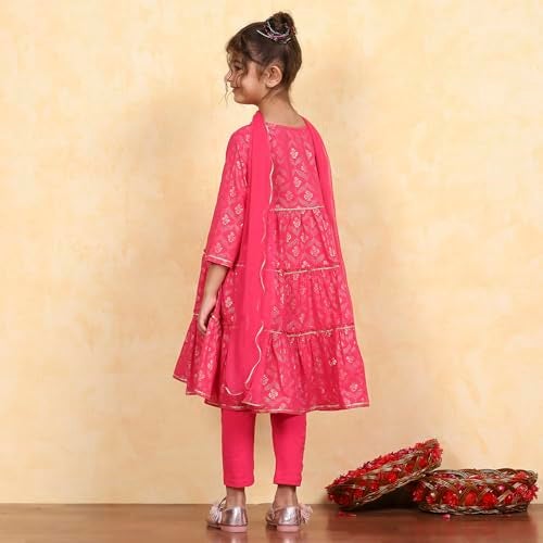 Biba Girls Pink Cotton Tiered Printed Kurta Churidar Set_12-13Y - Image 4