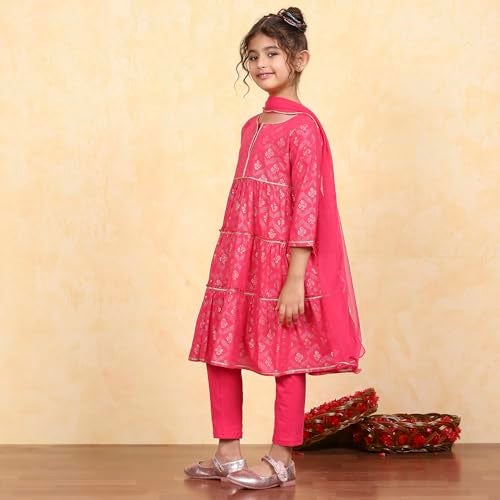 Biba Girls Pink Cotton Tiered Printed Kurta Churidar Set_12-13Y - Image 2