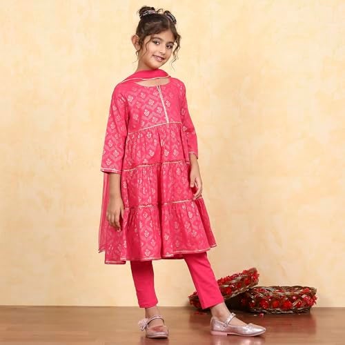 Biba Girls Pink Cotton Tiered Printed Kurta Churidar Set_12-13Y - Image 5