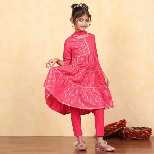 Biba Girls Pink Cotton Tiered Printed Kurta Churidar Set_12-13Y - Image 3