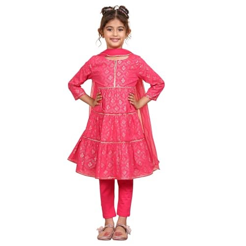 Biba Girls Pink Cotton Tiered Printed Kurta Churidar Set_12-13Y - Image 1