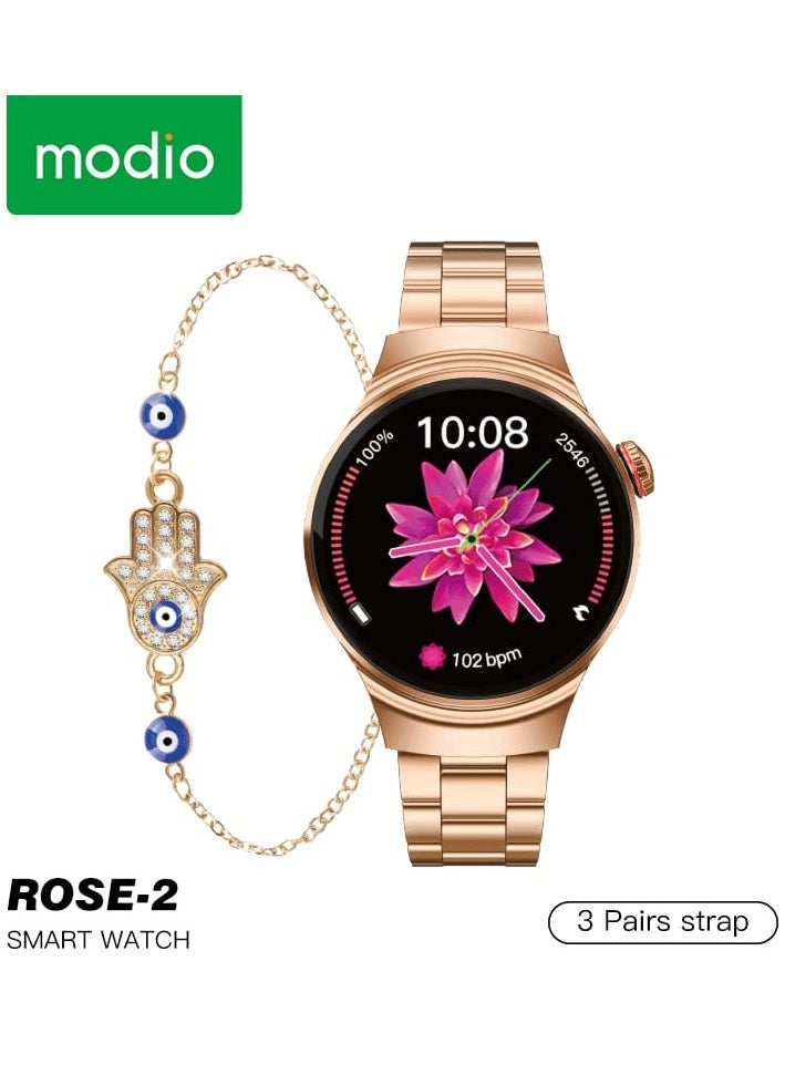 modio Modio ROSE-2 Smart Watch – Elegant Rose Gold Fitness Tracker with Heart Rate Monitor & 3 Stylish Straps  - Image 1