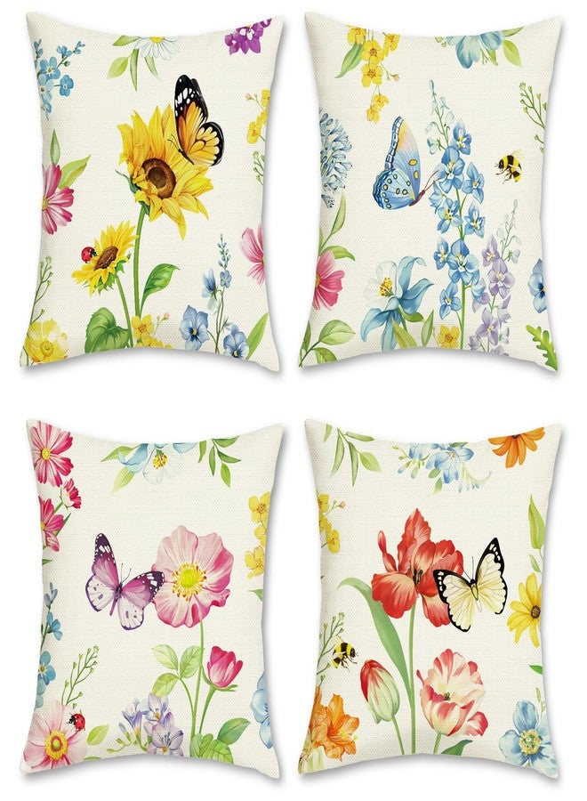 Bonhause Spring Floral Throw Pillow Covers 18 x 18 Inch Garden Flowers Butterflies Polyester Linen Decorative Pillow Cases for Couch Sofa Bed Home Outdoor Decor Set of 4 - Image 1