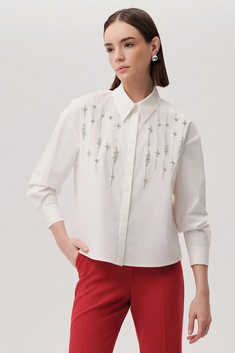 EXQUISE Stone Embellished Long-Sleeved Regular Bone Shirt