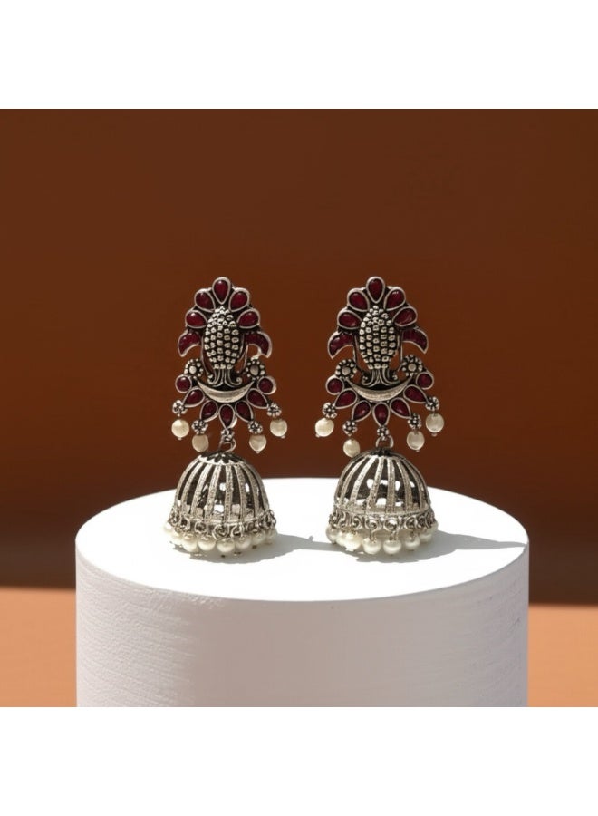 Pretty Precious Oxidised Silver Antique Earrings for Women & Girls | Boho Ethnic Tribal Dangler Earrings | Lightweight Festive & Daily Wear Jewelry - Image 3