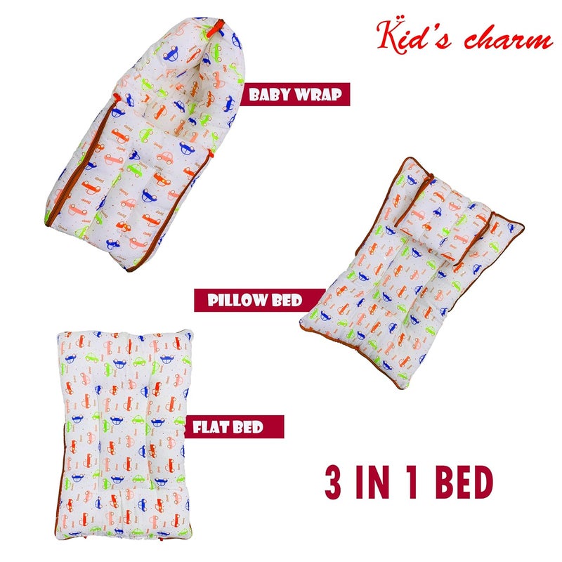 Kid's Charm Kids Charm Car Mini 3 in 1 Babys Cotton Bed Cum Carry Bed Printed Baby Sleeping BagBaby BedInfant Portable for Unisex Easily Portable Light Weight Carry for New Born 04 Months Old Orange - Image 2