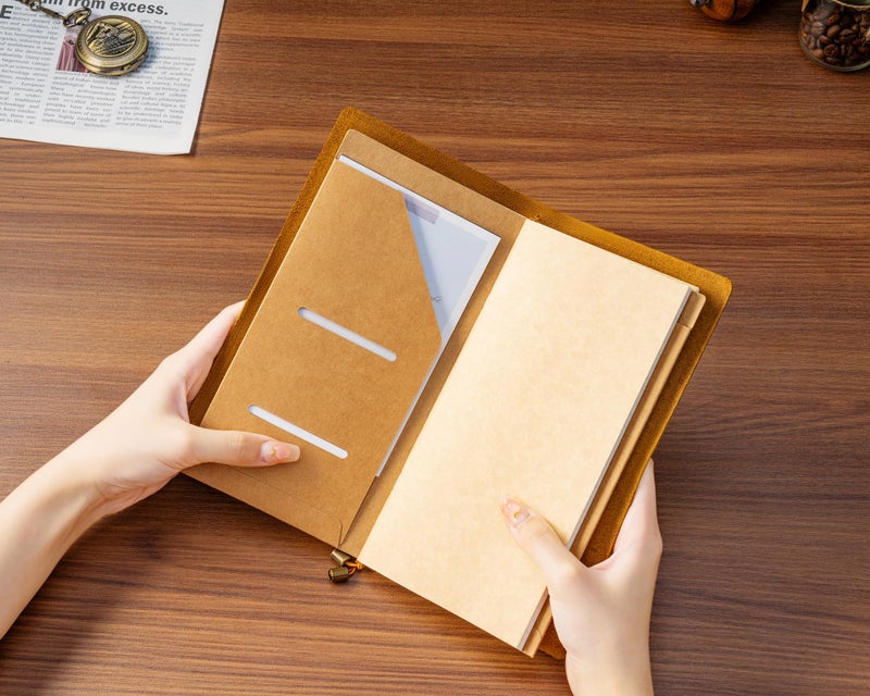 Ox Knight Leather Travelers Notebook, 8.6'' x 4.6'', Refillable Vintage Travel Journal, Handmade Leather Journal with Kraft Folder, and 3 Inserts (Brown) - Image 4