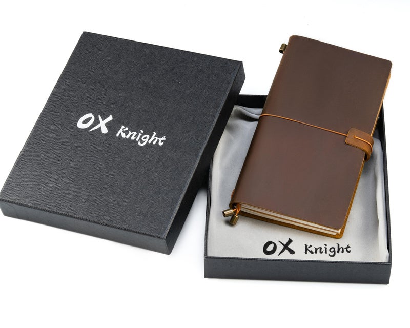 Ox Knight Leather Travelers Notebook, 8.6'' x 4.6'', Refillable Vintage Travel Journal, Handmade Leather Journal with Kraft Folder, and 3 Inserts (Brown) - Image 2