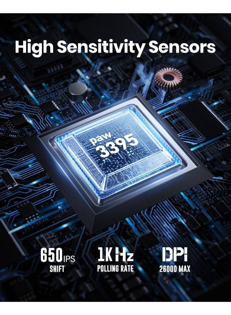 جرافا ستار ماوس الألعاب اللاسلكي ميركوري M2، مستشعر بصري PAW3395 بدقة 26,000 DPI، معدل استجابة 1,000Hz، ثلاثي الوضع (لاسلكي 2.4GHz/بلوتوث/سلكي)، وزن 79 جرام، قابل للتخصيص RGB، 5 أزرار قابلة للبرمجة، شحن USB-C، تصميم هيكل مزدوج الاستخدام، أسود خفي - Image 3