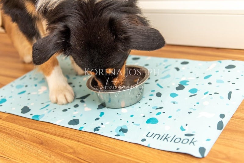 Uniklook Large Pet Placemat Food & Water, Dog Cat Food Mat for Pet Bowls 28" X 16.5" Waterproof Easy to Clean Dog Mat for Bowl Food Water Terrazzo Blue Uniklook - Image 1