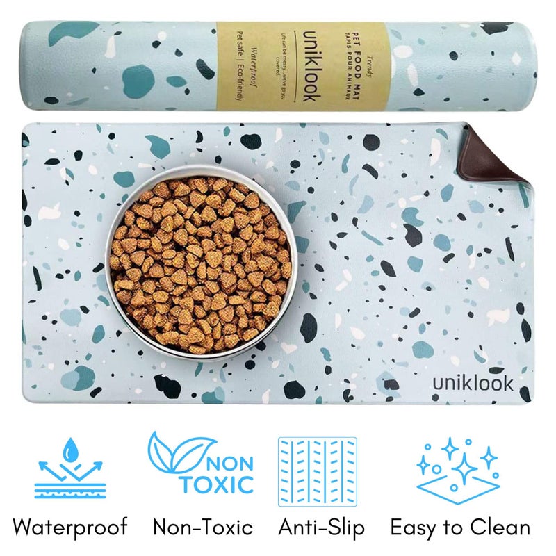 Uniklook Large Pet Placemat Food & Water, Dog Cat Food Mat for Pet Bowls 28" X 16.5" Waterproof Easy to Clean Dog Mat for Bowl Food Water Terrazzo Blue Uniklook - Image 4