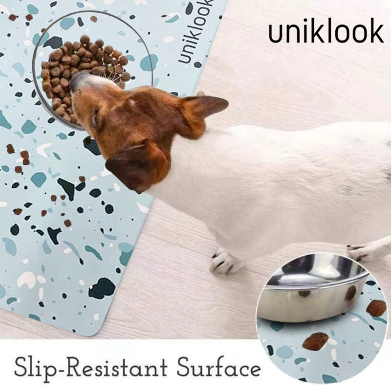 Uniklook Large Pet Placemat Food & Water, Dog Cat Food Mat for Pet Bowls 28" X 16.5" Waterproof Easy to Clean Dog Mat for Bowl Food Water Terrazzo Blue Uniklook - Image 2
