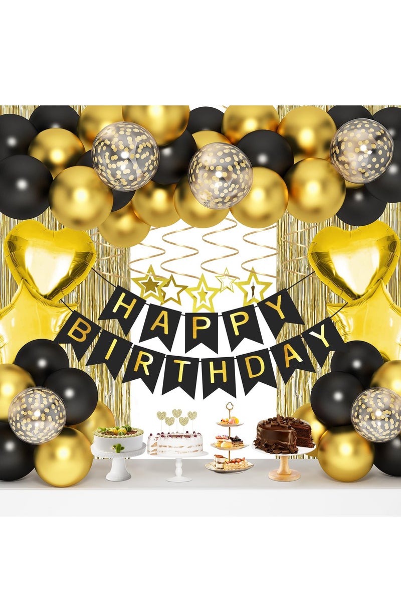 زينة حفلات التخرج  باللون الاسود والذهبي، لافتة عيد ميلاد سعيد، ستارة بشراشيب ذهبية، بالونات قصاصات ورقية على شكل قلب ونجوم، دوامات معلقة لحفلات التخرج - Image 1