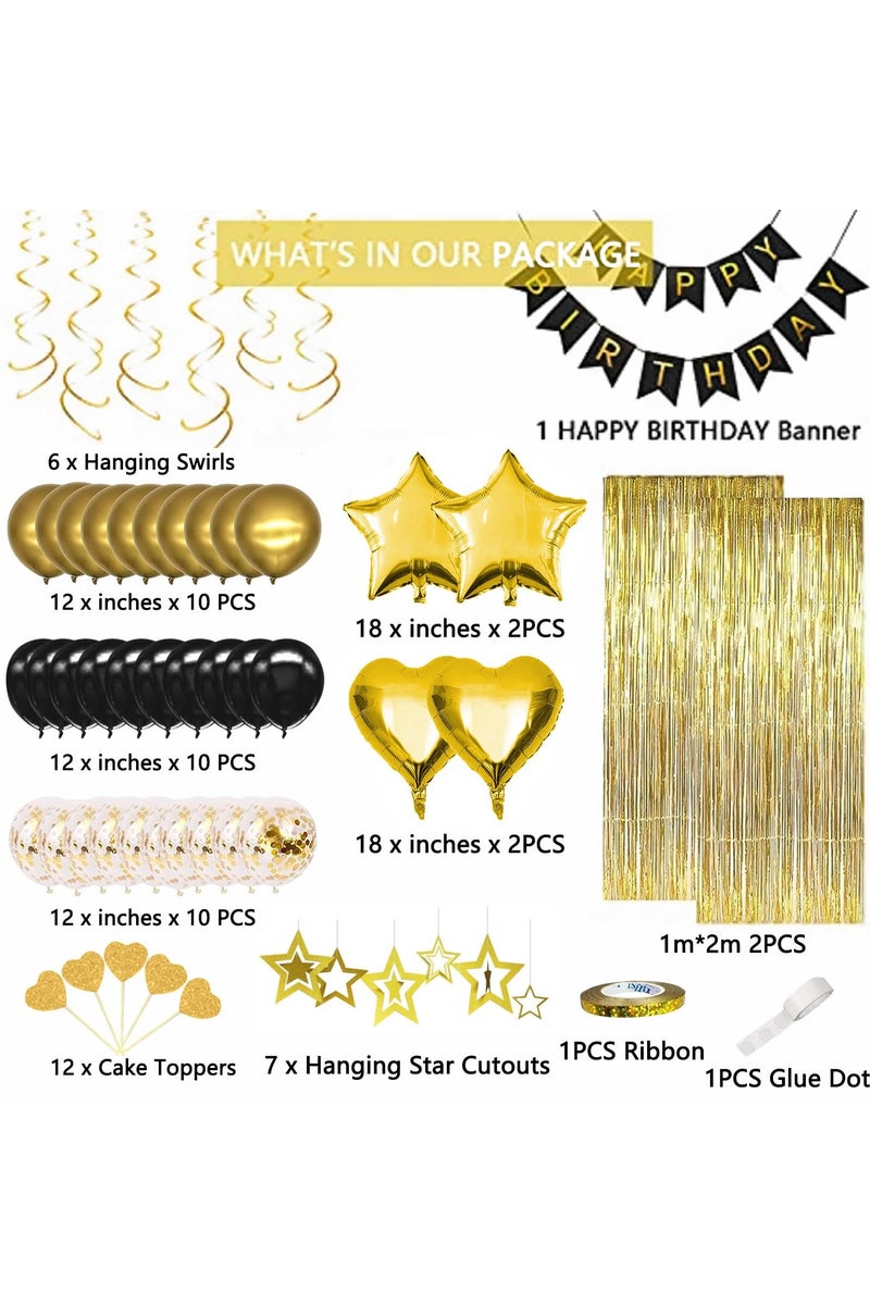 زينة حفلات التخرج  باللون الاسود والذهبي، لافتة عيد ميلاد سعيد، ستارة بشراشيب ذهبية، بالونات قصاصات ورقية على شكل قلب ونجوم، دوامات معلقة لحفلات التخرج - Image 2
